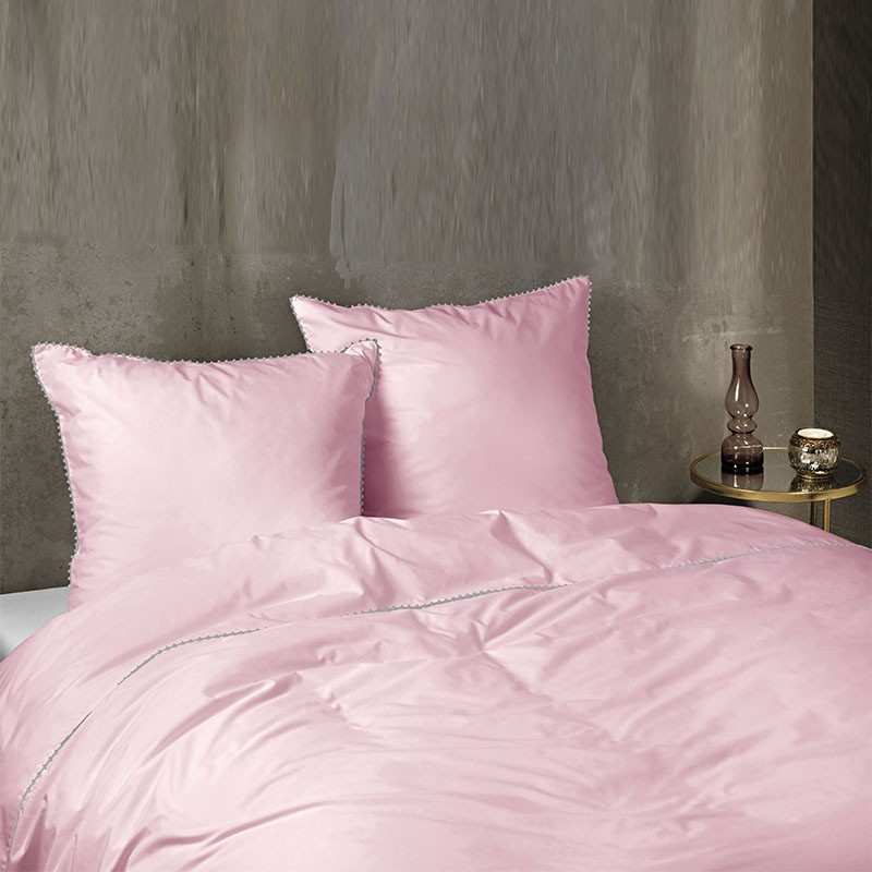 Parure De Couette Percale Rose Avec Pompons Gris